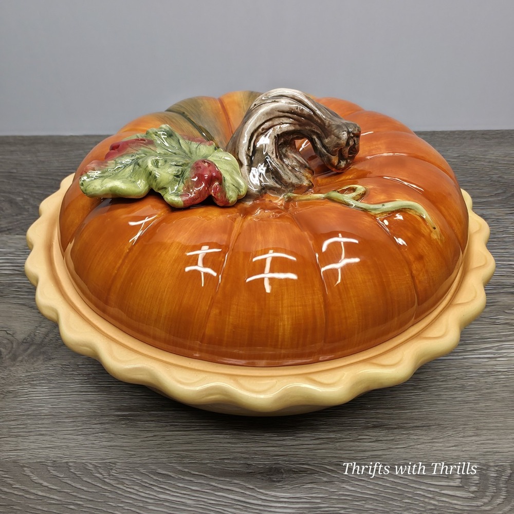 Vintage Cracker Barrel Ceramic Pumpkin Patch Pie Plate And Lid - Fall Is Here!!